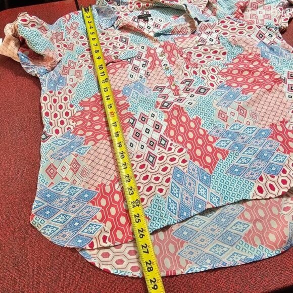 Talbots Geometric Button Up Blouse 2XP Multicolor Patchwork Roll Tab Sleeves NWT - Picture 10 of 10